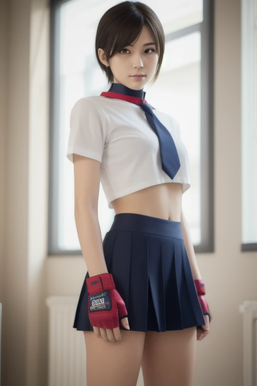 sakurakasugano, sakura kasugano, (brown eyes:1.7), brown hair, short hair,
BREAK ankle socks, blue skirt, crop top, headband, midriff, miniskirt, navel, sailor collar, school uniform, shoes, short sleeves, skirt, sneakers, socks, stomach, shirt, white shirt, white headband, gloves, red gloves,
BREAK cowboy shot, looking at viewer,
BREAK indoors, classroom,
BREAK (masterpiece:1.2), best quality, high resolution, unity 8k wallpaper, (illustration:0.8), (beautiful detailed eyes:1.6), extremely detailed face, perfect lighting, extremely detailed CG, (perfect hands, perfect anatomy),