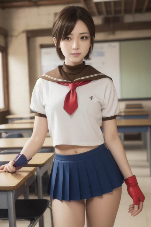 sakurakasugano, sakura kasugano, (brown eyes:1.7), brown hair, short hair,
BREAK ankle socks, blue skirt, crop top, headband, midriff, miniskirt, navel, sailor collar, school uniform, shoes, short sleeves, skirt, sneakers, socks, stomach, shirt, white shirt, white headband, gloves, red gloves,
BREAK cowboy shot, looking at viewer,
BREAK indoors, classroom,
BREAK (masterpiece:1.2), best quality, high resolution, unity 8k wallpaper, (illustration:0.8), (beautiful detailed eyes:1.6), extremely detailed face, perfect lighting, extremely detailed CG, (perfect hands, perfect anatomy),