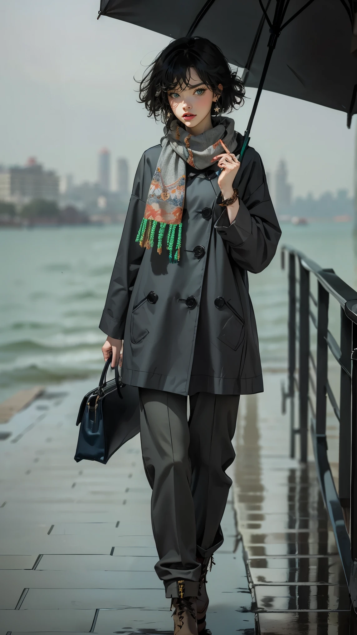 24 year old dark skinned woman、blue eyes、blonde、medium long curly hair、Accessorize your wrist、Colorful Scarf Tie Blouse((scarf tie blouse))、raincoat,loose grey fashionable pants, short hair, at the sea side, boots, umbrella, rain