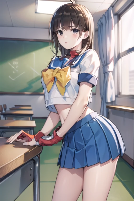 sakurakasugano, sakura kasugano, (brown eyes:1.7), brown hair, short hair,
BREAK ankle socks, blue skirt, crop top, headband, midriff, miniskirt, navel, sailor collar, school uniform, shoes, short sleeves, skirt, sneakers, socks, stomach, shirt, white shirt, white headband, gloves, red gloves,
BREAK cowboy shot, looking at viewer,
BREAK indoors, classroom,
BREAK (masterpiece:1.2), best quality, high resolution, unity 8k wallpaper, (illustration:0.8), (beautiful detailed eyes:1.6), extremely detailed face, perfect lighting, extremely detailed CG, (perfect hands, perfect anatomy),