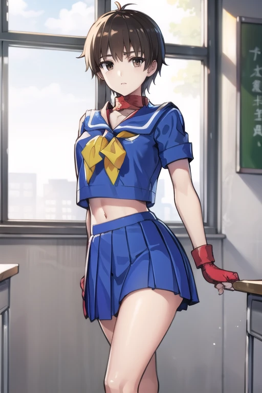 sakurakasugano, sakura kasugano, (brown eyes:1.7), brown hair, short hair,
BREAK ankle socks, blue skirt, crop top, headband, midriff, miniskirt, navel, sailor collar, school uniform, shoes, short sleeves, skirt, sneakers, socks, stomach, shirt, white shirt, white headband, gloves, red gloves,
BREAK cowboy shot, looking at viewer,
BREAK indoors, classroom,
BREAK (masterpiece:1.2), best quality, high resolution, unity 8k wallpaper, (illustration:0.8), (beautiful detailed eyes:1.6), extremely detailed face, perfect lighting, extremely detailed CG, (perfect hands, perfect anatomy),