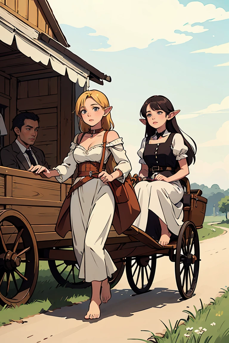 anime .elf girls, slave girl s line up and ragged clothes pulls a carriage and carries . barefoot . leash . collar . On the carriage , a man raises his whip .