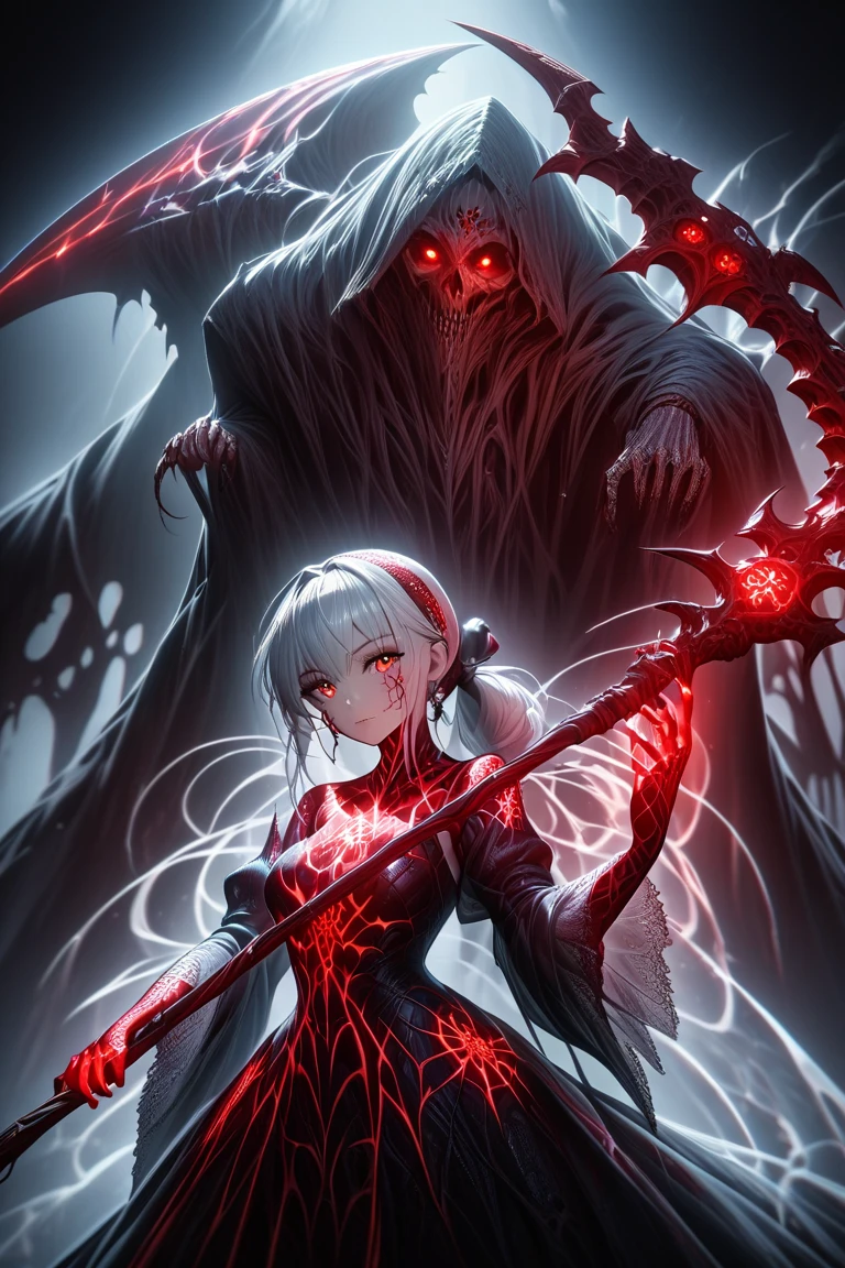 Absurdres high res, ultrasharp 8k, masterpiece,  a beautiful woman with blood-red eyes ,  dress with spider pattern that glow red, She holds a red glowing scythe in her hand, gigant reaper behind her, silver hair with headband and short ponytail,  scars on his face,bloody scythe, Arachne Body