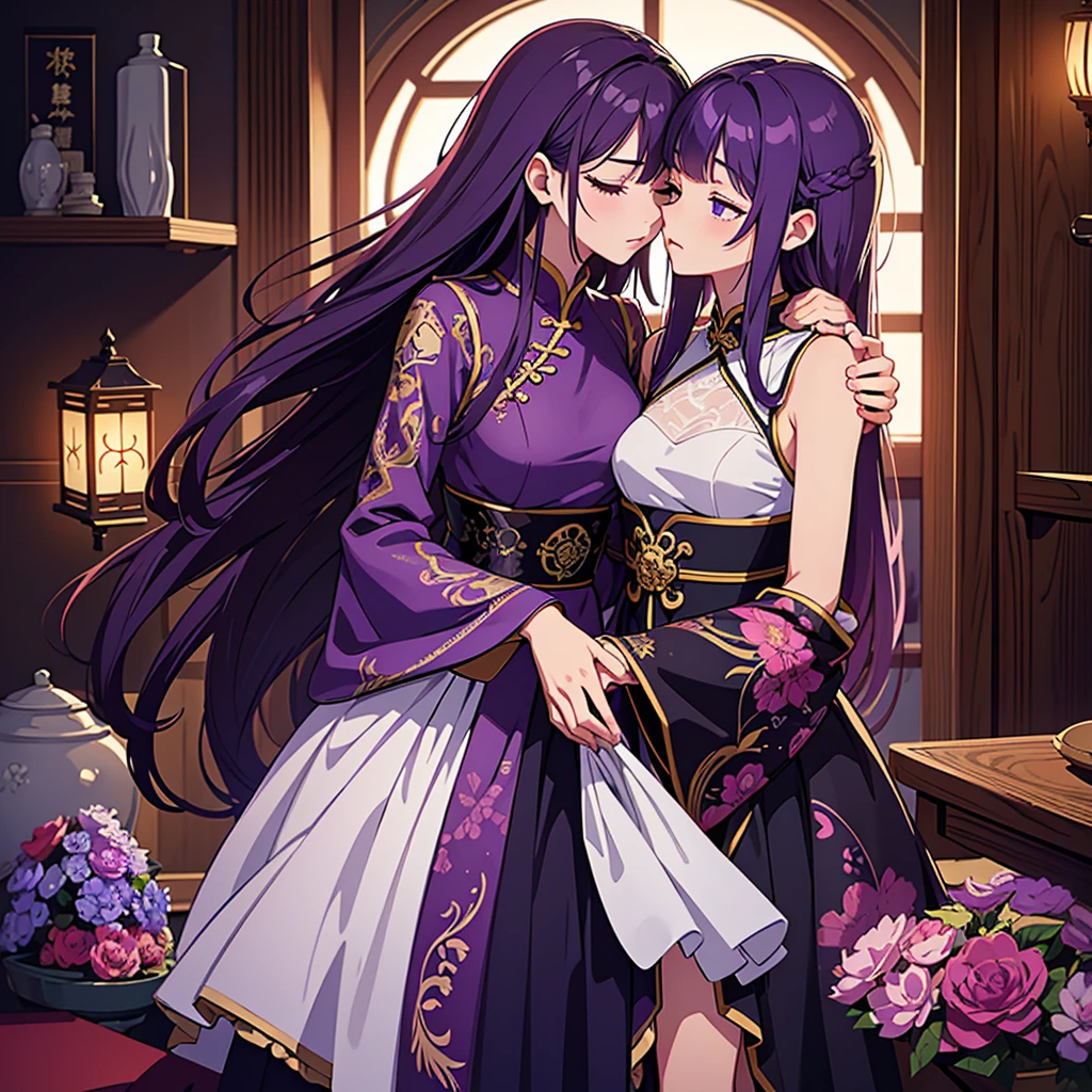 braid, flower, glasses, pink rose, rose, twin braids, white flower, white rose, black rose, squiggle, spoken squiggle, black flower, single braid, purple rose, red rose, blue rose, hair over shoulder, long braid, multiple girls, thorns, braided ponytail, breasts, pink flower, yellow rose, green flower, bouquet, 2girls, long hair, brown eyes, open mouth, rose print, brown hair, rose petals, large breasts, :o, side braid, looking at viewer, round eyewear, semi-rimless eyewear, blush, ibaraki kasen, breast press, white shirt, upper body, multiple braids, black-framed eyewear, condom wrapper