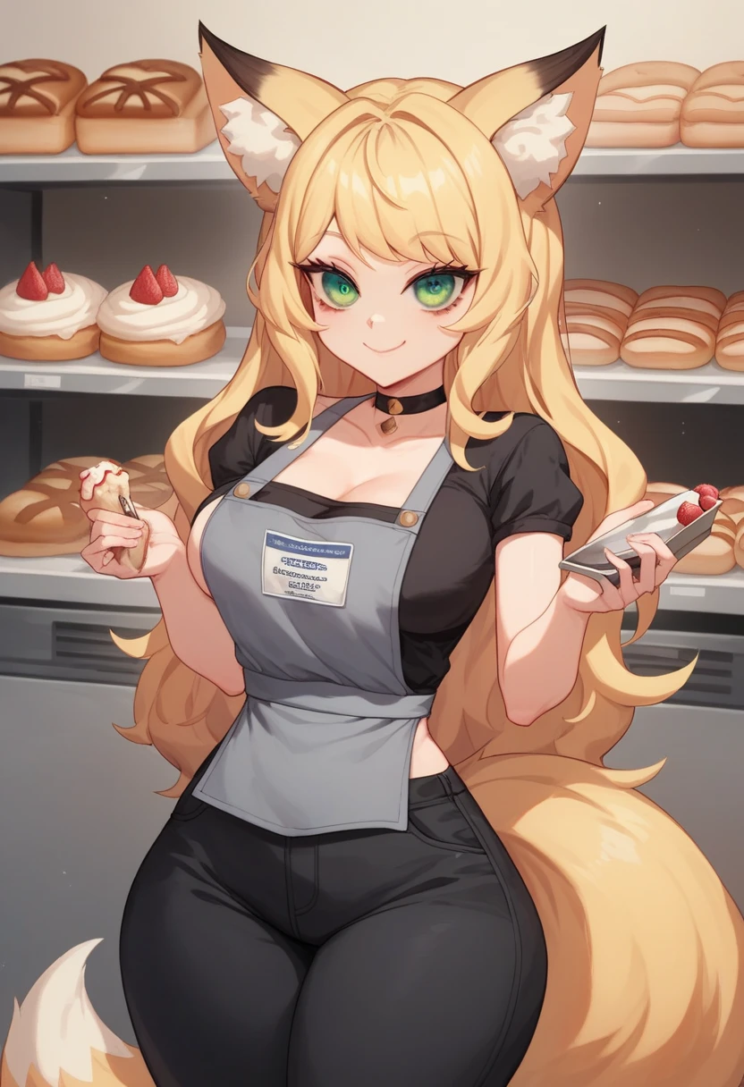 Create an image of an anime girl, 19 years old, fox ears, fox tail , long hair, green eyes, very dark big circles under eyes, dark circles under eyes, blonde hair, (extremely detailed:1.3), (extremely detailed eyes), (extremely detailed mouth), (, thick figure), (wide hips), (thick thighs), middle breast, middle breast, black trousers, choker, wearing an black shirt short sleeves, grey apron with lettering text "ЦЕХ85", day time, (bread shop background), cashier in bakery shop, bakery shop bakery shop , Eats eclair, white face cream, Sales consultant, smile closed mouth, text "ЦЕХ85"