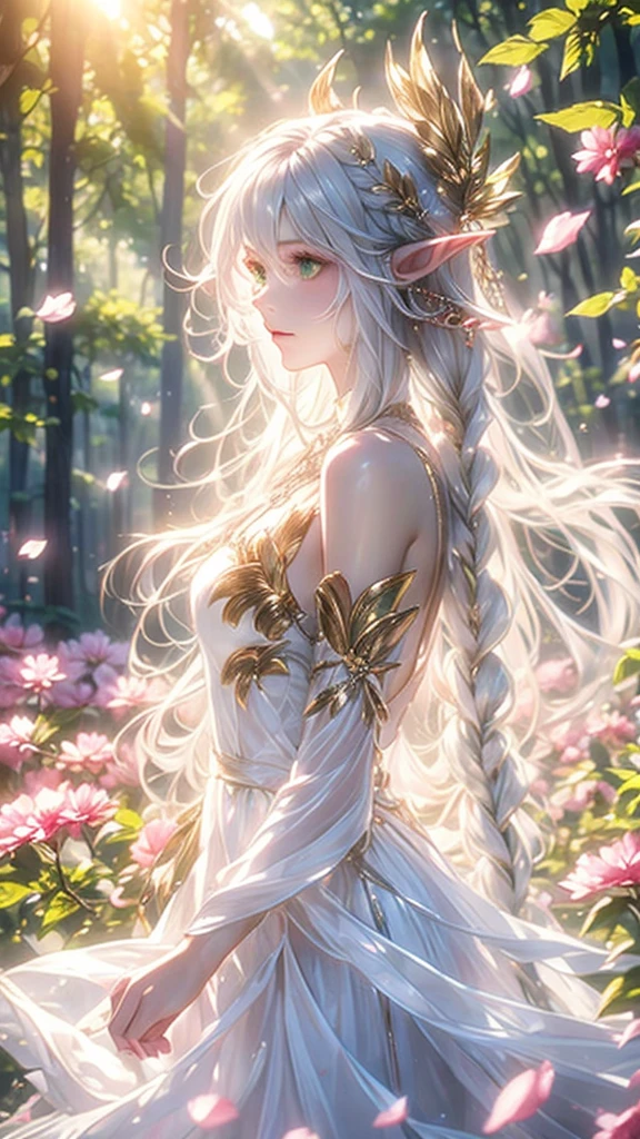 (masterpiece, best quality, high quality, highres, ultra-detailed), realistic,,1 sweet girl, the greater lord rukkhadevata, (side braid:1.1), long hair,((white hair)), leaf hair ornament, (pointy ears), elf, green eyes, pale skin, bare shoulders, (medium breasts), (cleavage:1.1), jewelry, white long dress, (detached sleeves:1.1), bracelet, (looking away:1.2), (hair floating:1.3), from side,,(in forest:1.3), (pink flowers:1.1), (falling petals:1.1), (lens flare from right:1.2), (god rays from right:1.2),,