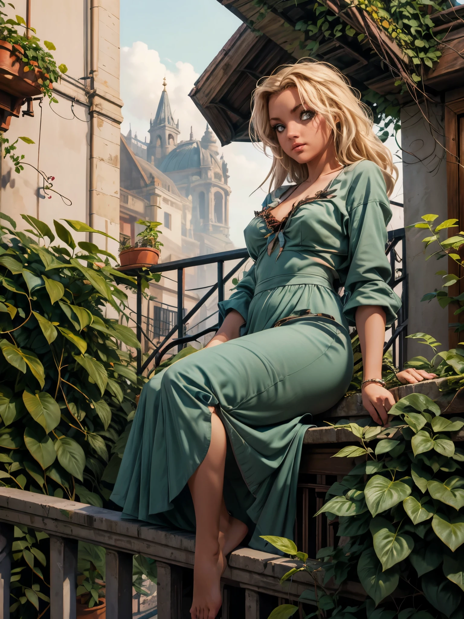 Girlfriend reclining on upper balcony, steel railing covered in vines and plants, looking out over the city, casually dressed, early morning, high above the street, spanish architecture, narrow streets, greenery