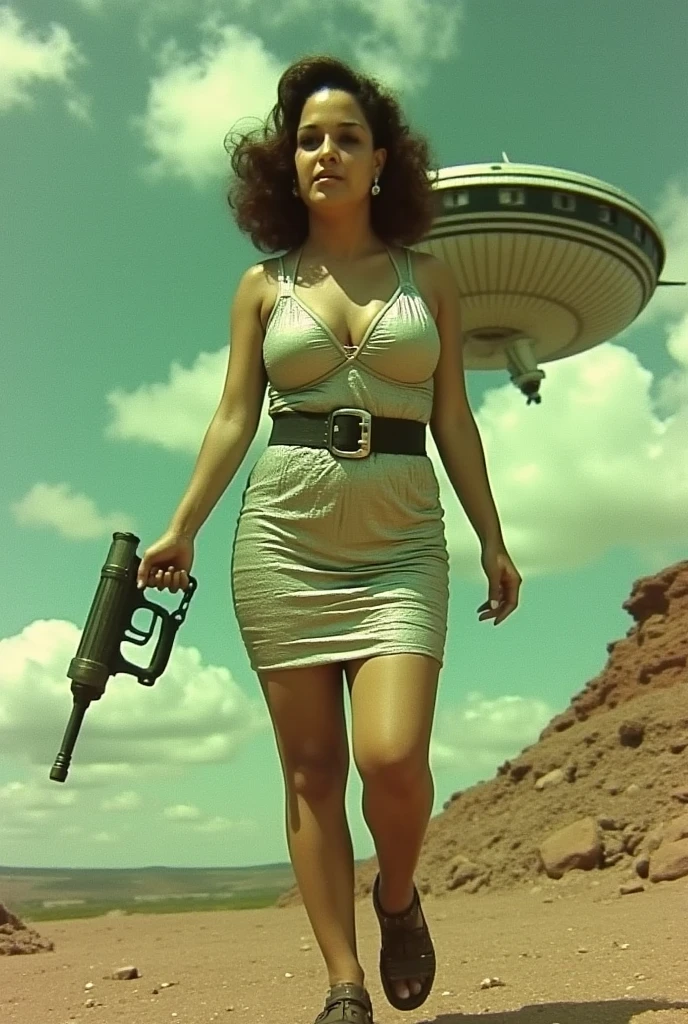 Old drawing style. poster.  A movie poster inspired by the retro style of the 1950s Panavision for a science-fiction movie entitled  "Extraterrestrials."  The scene features a voluptuous woman in a metallic science-fiction dress from the 1950s with a belted space belt,  holding a vintage lightning gun and taking a bold stance .  Your expression is fierce ,  against a surreal alien landscape with bright green skies , rough,  and a huge suspended spaceship .  The colors are vibrant and cinematic , with neon green ,  metallic silver ,  and pastel tones .  The style captures the dramatic and intricate details of classic movie posters ,  emphasizing a sense of wonder and the name of the movie  "Allians" deve estar no thumbnail em um formato estiloso.

