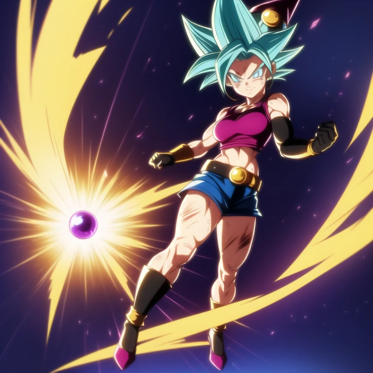 dbsuper style,
Petite Girl, green aura, super saiyan aura, belt, purple colored hair, huge hair, bruise, bruise on face, clenched hands, frown, Mage's hat, gloves, blue eyes, grey gloves, evil grin, medium breasts, petite, soft muscles, solo, spiked hair, super saiyan, super saiyan 4, mouth opened, furious, Magician clothes, Super Saiyan 2' aura
, ((masterpiece))