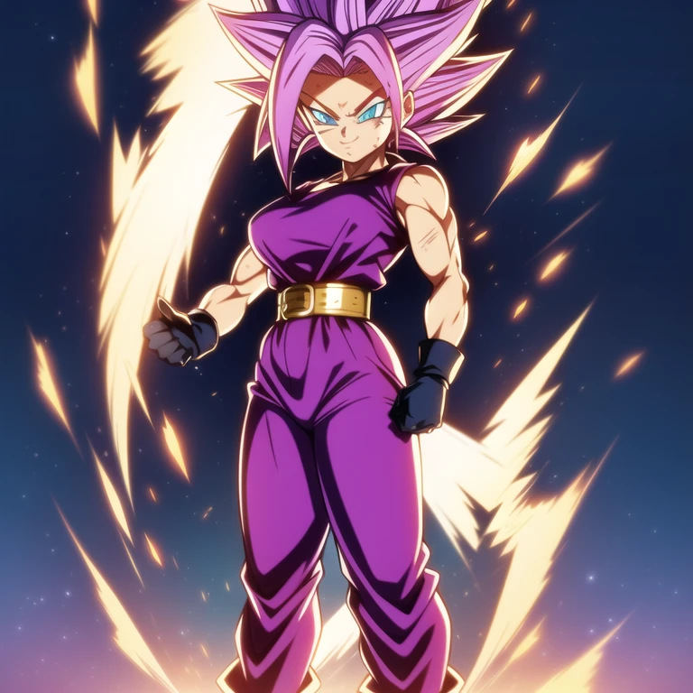 dbsuper style, 
Petite  Girl, green aura, super saiyan aura, belt, purple colored hair, huge hair, bruise, bruise on face, clenched hands, frown, Mage's hat, gloves, blue eyes, grey gloves, evil grin, medium breasts, petite, soft muscles, solo, spiked hair, super saiyan, super saiyan 4, mouth opened, furious,  Magician clothes, Super Saiyan 2' aura
, ((masterpiece)) 
