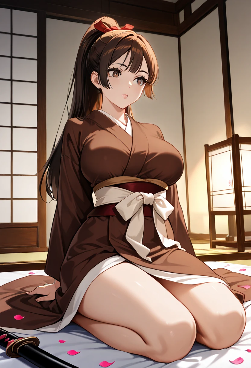 
((IncrsUnsheathingAKatanaMeme, sheath, holding sheath)),Realistic images,  detailed images, Consistent image.  1 beautiful girl with raised cheeks . She has  long hair, styled in a  ponytail,  brown hair. Honey  Brown Eyes ,  long eyelashes.  sensual expression. Yawata Koyuki Asaen ,  long hair,  black hair,  ponytail, high  ponytail, ( Brown Eyes :1.5), Japanese clothing, kimono,  Similarly ,  she has a curvy figure ,  has medium boobs and thighs .  she is kneeling with her butt raised .  Front View .  bend your back.  in the room,  surrounded by petals .  Soft Focus, Dramatic Shadows,  VOLUME LIGHTING ,  natural light,