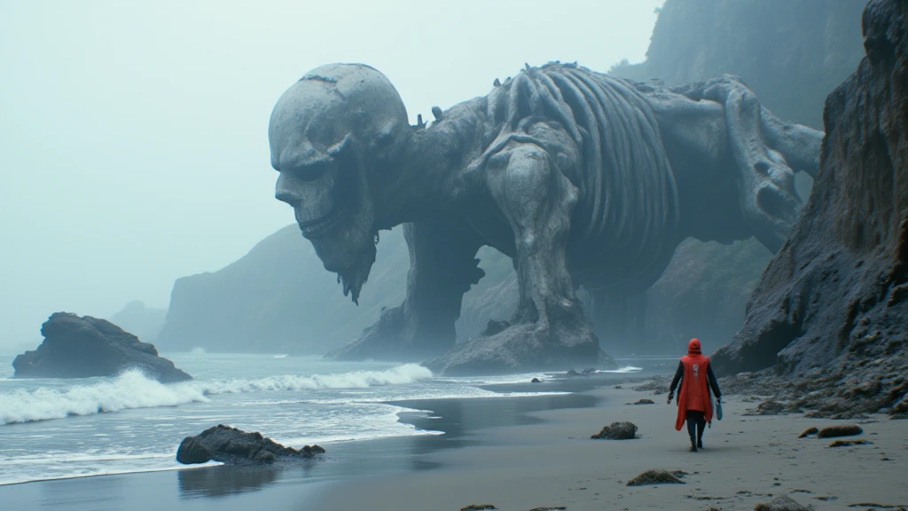 Create a surreal and atmospheric scene set on a desolate, foggy beach. The central focus should be a colossal, weathered skeleton of a giant humanoid lying partially submerged in the sand and surf. The bones should appear ancient, cracked, and eroded, emphasizing a sense of immense scale and mystery. 

In the foreground, depict a lone figure in a vivid red cloak walking towards the skeleton. The figure should be small in comparison, adding to the sense of scale and evoking an aura of intrigue and exploration. The cloak should stand out sharply against the muted, cool tones of the environment, which is dominated by shades of gray, blue, and white.

The beach is rugged, with scattered dark rocks and foamy waves gently lapping at the shore. The surrounding cliffs loom ominously in the background, partially obscured by thick fog, creating a sense of isolation and mystery. The atmosphere should be moody and ethereal, with diffused light filtering through the mist, enhancing the otherworldly feel.

Overall, the composition should evoke a blend of awe, wonder, and foreboding, with a subtle hint of fantasy or post-apocalyptic themes.