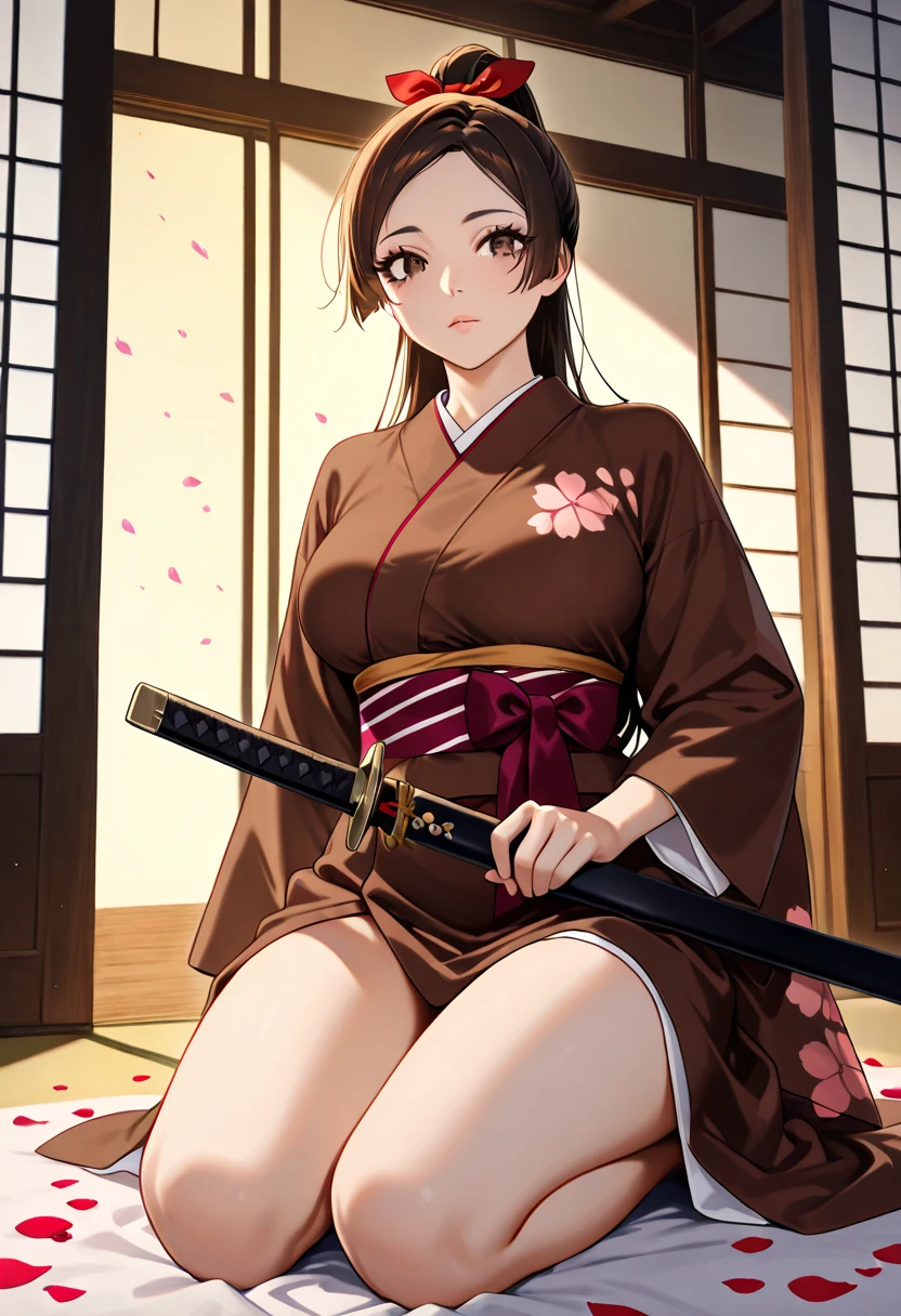 ((IncrsUnsheathingAKatanaMeme, sheath, holding sheath)),Realistic images,  detailed images, Consistent image.  1 beautiful girl with raised cheeks . She has  long hair, styled in a  ponytail,  brown hair. Honey  Brown Eyes ,  long eyelashes.  sensual expression. Yawata Koyuki Asaen ,  long hair,  black hair,  ponytail, high  ponytail, ( Brown Eyes :1.5), Japanese clothing, kimono,  Similarly ,  she has a curvy figure ,  has medium boobs and thighs .  she is kneeling with her butt raised .  Front View .  bend your back.  in the room,  surrounded by petals .  Soft Focus, Dramatic Shadows,  VOLUME LIGHTING ,  natural light,