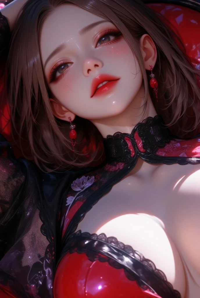  Black Lily Kimono 、Lace gloves、   attractive, desire, Obscene,   Baby Face、 pretty girl,   attractive体のラインの  , ((   fine facial features   ,  eroticism、high nose)),   Dramatic Lighting   , Realistic, 8k,     Dramatic Shadows  ,    intricate and elaborate patterns     ,      super detailed photo      ,     chiaroscuro lighting   ,     Pleasant colors   ,     deep contrast    ,    super real 、 (((Red Tears:1.4)))、Pink lipstick、 Open Chest 、 deep cleavage、A girl is crying with tears、Innocence、bewitching、Deep sadness、Old Cathedral、 full body view、Drawing composition、Lie down on a chair