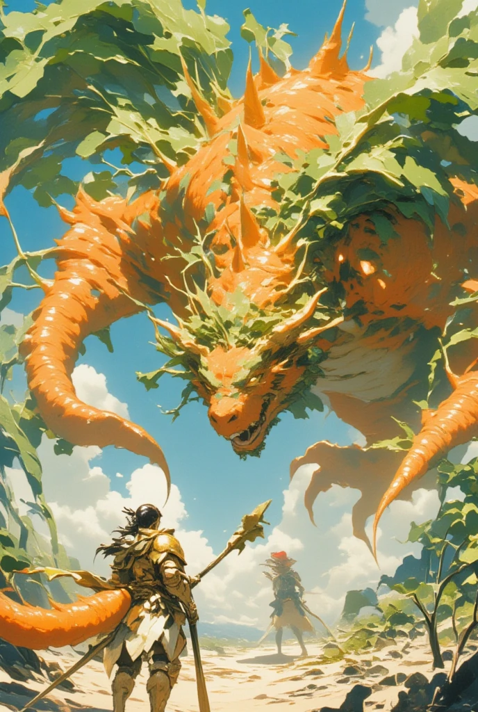 (hugeなドラゴン, huge, 翼はJapanese white radishの葉でできている, Japanese white radish) break ( Woman Wearing Carrot Armor ,  Carrying a Carrot-shaped Spear , Confronting dragons ), UHD, masterpiece:1.3, anatomically correct, super detail, high details, best quality,  highres icon