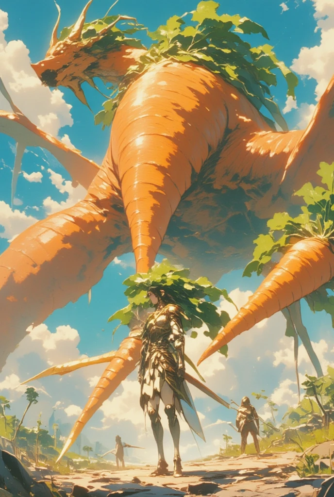 (hugeなドラゴン, huge, 翼はJapanese white radishの葉でできている, Japanese white radish) break ( Woman Wearing Carrot Armor , Hold a large sword in the shape of a carrot, Confronting dragons ), UHD, masterpiece:1.3, anatomically correct, super detail, high details, best quality,  highres icon