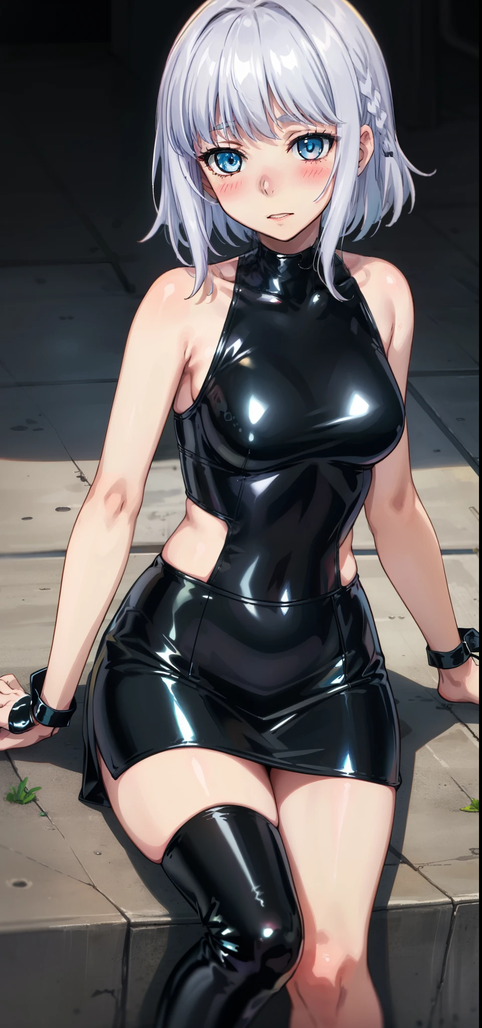 1 girl, kanon kanase, , blush, medium breasts, sleeveless,(stylish latex outfit,black latex bea, black latex skirt), sitting, 20-year-old, healthy skin.