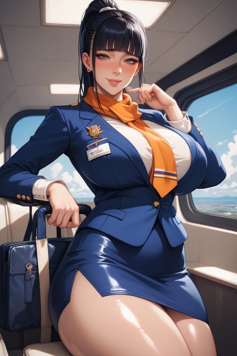tmasterpiece,super-fine,Best quality at best,1girll,flightattendantuniform,Leaky big breasts,Leaky thighs,On the plane,Open navel,Leaky collarbone