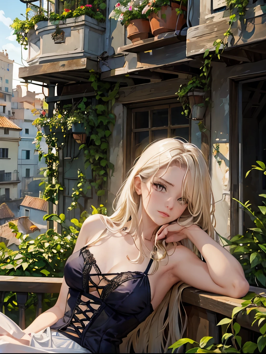 Girlfriend reclining on upper balcony, steel railing covered in vines and plants, looking out over the city, casually dressed, early morning, high above the street, spanish architecture, narrow streets, greenery, liz.ashley