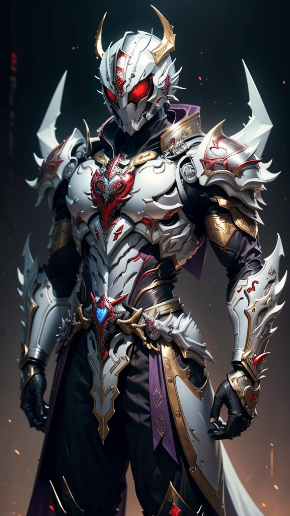 One Kamen Rider, Mask Like a Heart Face ,Red eyes, White Armor Imitating Bone ,The main color of the armor is white , with gold engraving on the rim of his armor, Purple Bodysuit , Mechanized Dragon Wings on the Back,Waist Cloak,Large Transformation Belt ,Angel's Right Arm Armor , Devil's Left Arm Armor,Descend from heaven