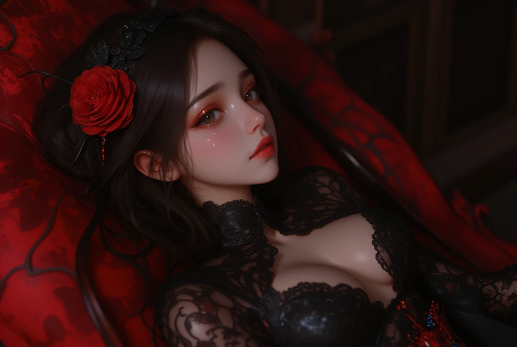  Black Lily Kimono 、Lace gloves、   attractive, desire, Obscene,   Baby Face、 pretty girl,   attractive体のラインの  , ((   fine facial features   ,  eroticism、high nose)),   Dramatic Lighting   , Realistic, 8k,     Dramatic Shadows  ,    intricate and elaborate patterns     ,      super detailed photo      ,     chiaroscuro lighting   ,     Pleasant colors   ,     deep contrast    ,    super real 、 (((Red Tears:1.4)))、Pink lipstick、 Open Chest 、 deep cleavage、A girl is crying with tears、Innocence、bewitching、Deep sadness、Old Cathedral、 full body view、Drawing composition、Lie down on a chair