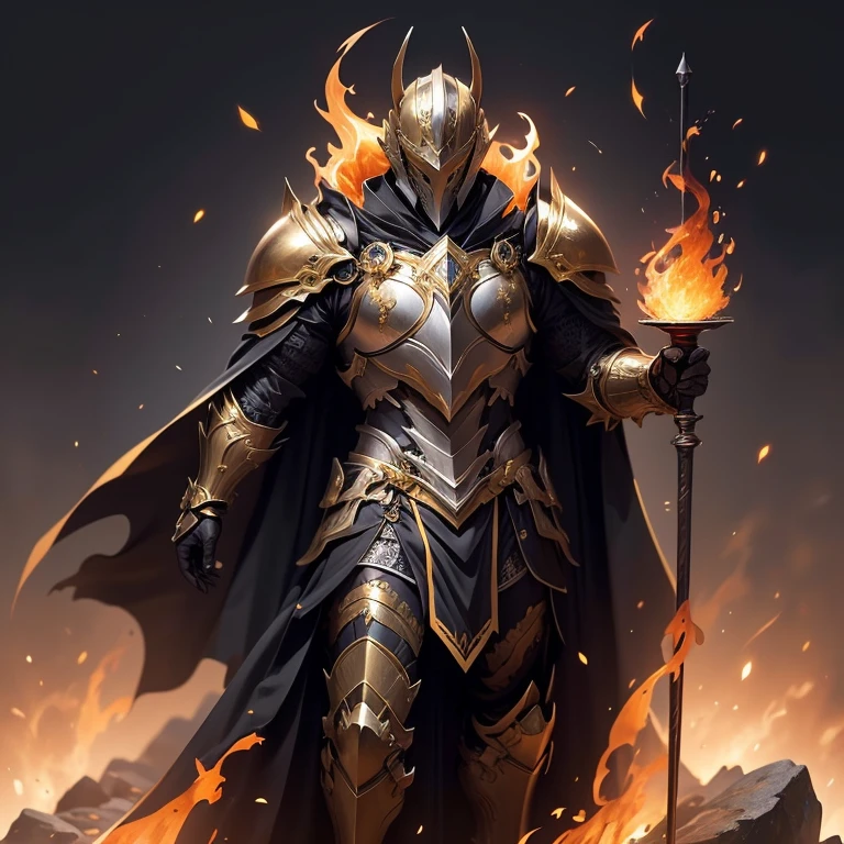 full body Male knight wearing a black leather armor under a shiny yellow obsidian intricate elaborated plate chest armor with gold fire accents, long black cape with gold fire ornaments, holding a bow, dynamic pose, mountains background