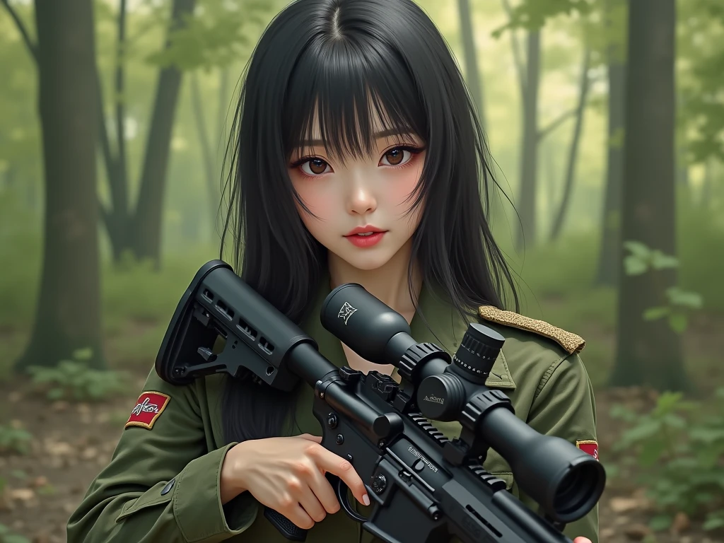 survival game、Camouflage、survival gameのフィールド、A beautiful girl is holding a rifle、head to waste、