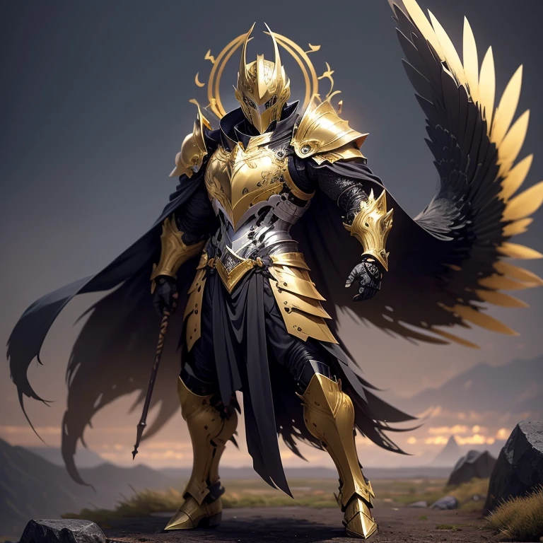 full body Male knight wearing a black leather armor under a shiny yellow obsidian intricate elaborated plate chest armor with gold wind accents, long black cape with gold  ornaments, holding a bow, dynamic pose, mountains background, feathers