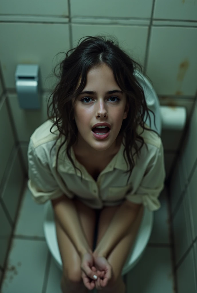 Nude Jenna Coleman with long hair with pissing water with feet sitting on toilet with window over house with night in lights