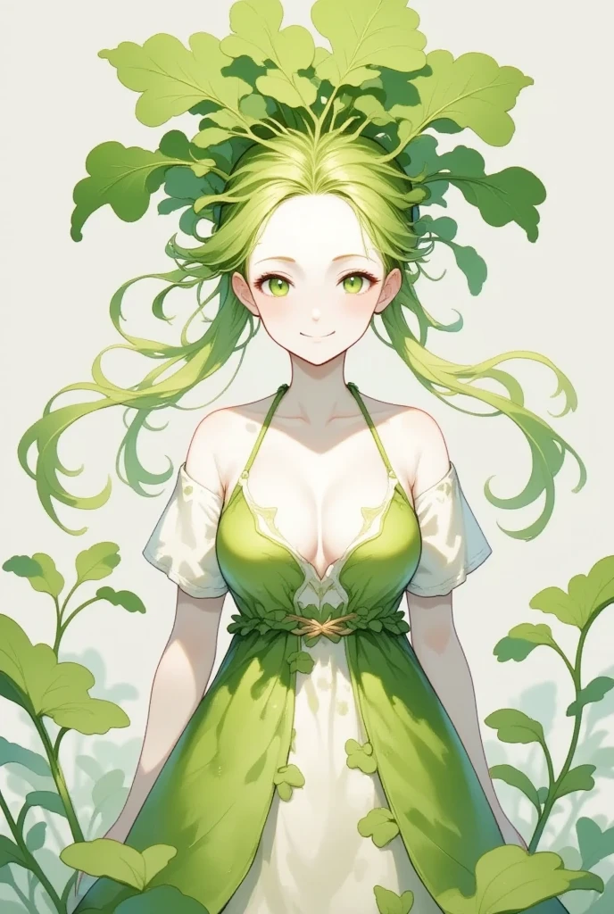 1 daikon lady, solo, Portrait shoot, Upper body, Standing, contrapposto, Green eyes, Green leaves long hair, bangs, pure white skin, wearing green camisole one-piece long dress over white short sleeve T-shirt, smile