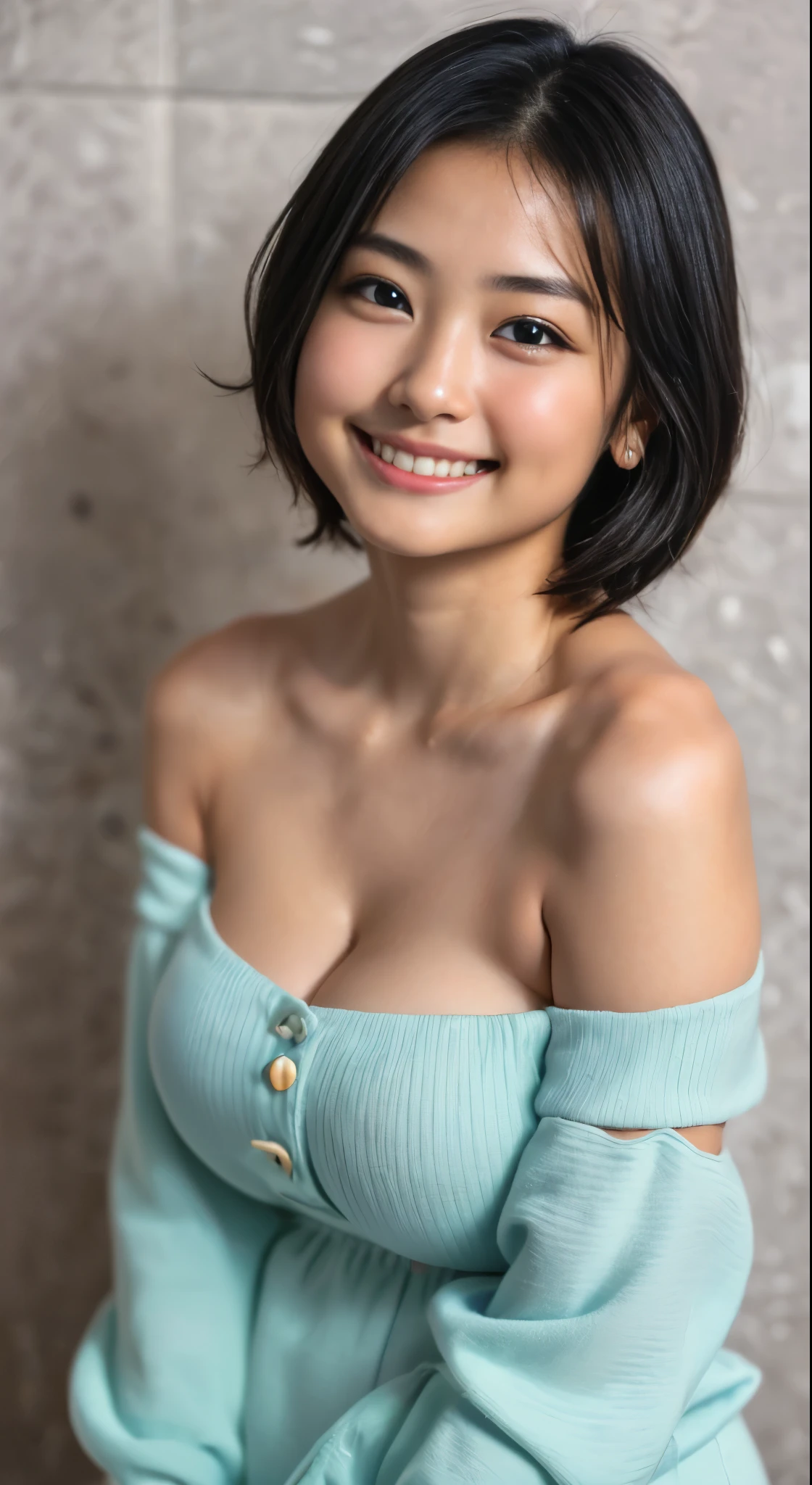 （8k、Raw photography、Best Quality、masterpiece：1.2),(Black Hair、Dark Eyes:1.9),(:1.3)、 viewers,Front View,(:1.4)、(Tight waist:1.6)、(Clothes that accentuate the shape of the breasts:1.8)、(Big Breasts :1.9)、 Slim Body 、 ultra high resolution,beautiful,beautiful fece,(One person、No background:1.9),whole bodyボディー, Japanese Women,（reality的：1.37）、 photon mapping ,reality、(Baby-faced and cute: 1.4)、(cute smile: 1.8)、(Round face: 1.7)、 radiosity 、 Physically Based Rendering、Depth-of-field rally background、photograph, (no background:1.8),（ショートヘアー:1.8）,whole body、 Great Quality 