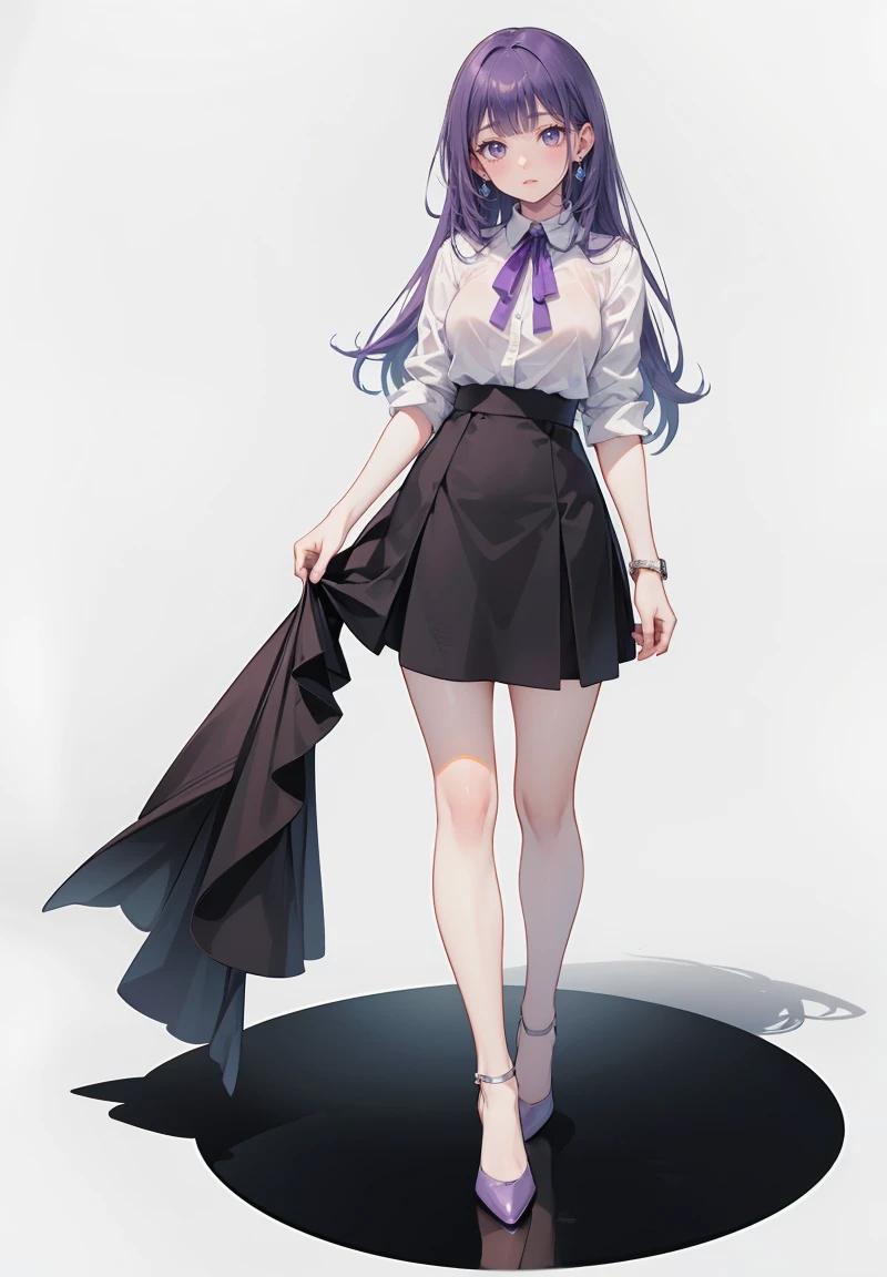 ((Perfect Face)),Purple Hair,long hair,1 female,Roll up your sleeves,Roll up your sleevesＹshirt,High heels,,((Simple white Background)),smile,((Full Body)),((full body)),