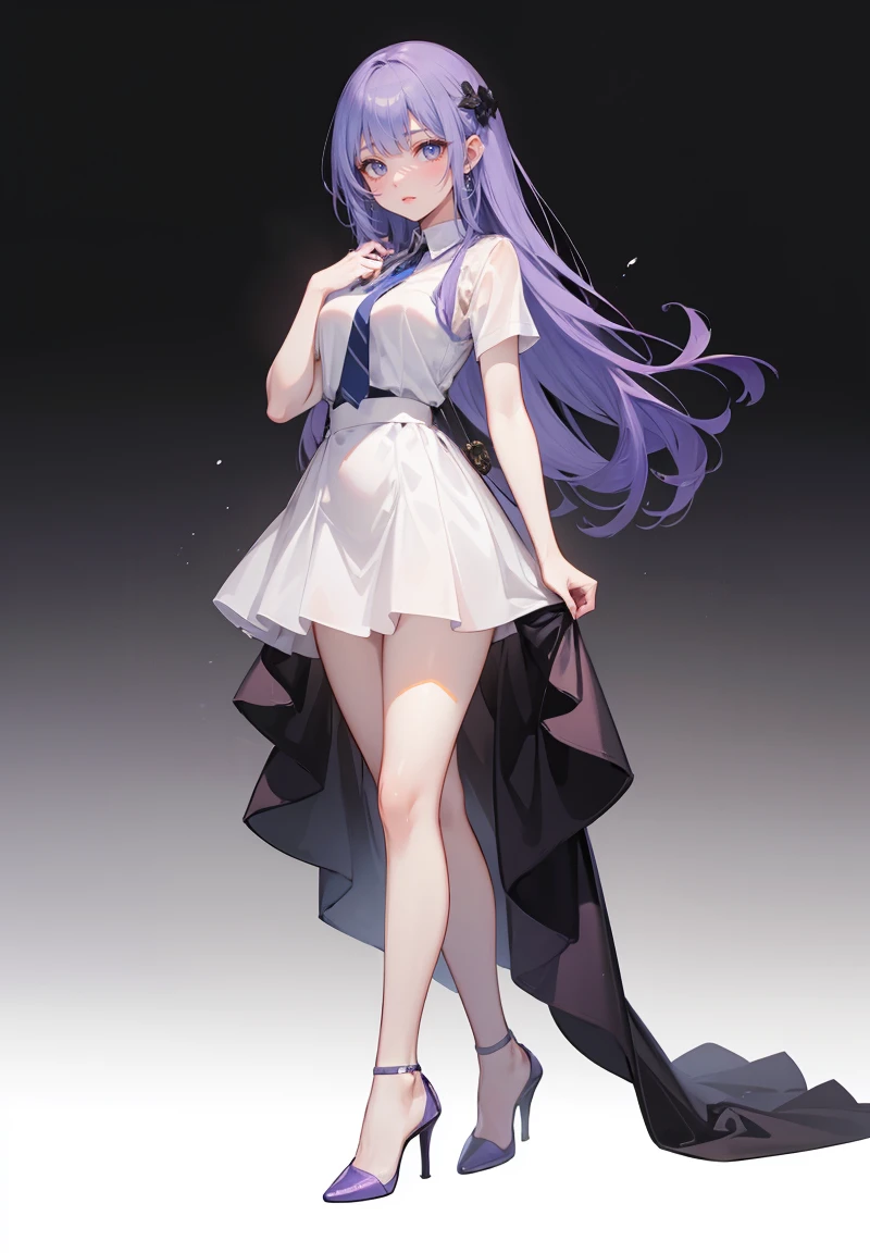 ((Perfect Face)),Purple Hair,long hair,1 female,Roll up your sleeves,Roll up your sleevesＹshirt,High heels,,((Simple white Background)),smile,((Full Body)),((full body)),