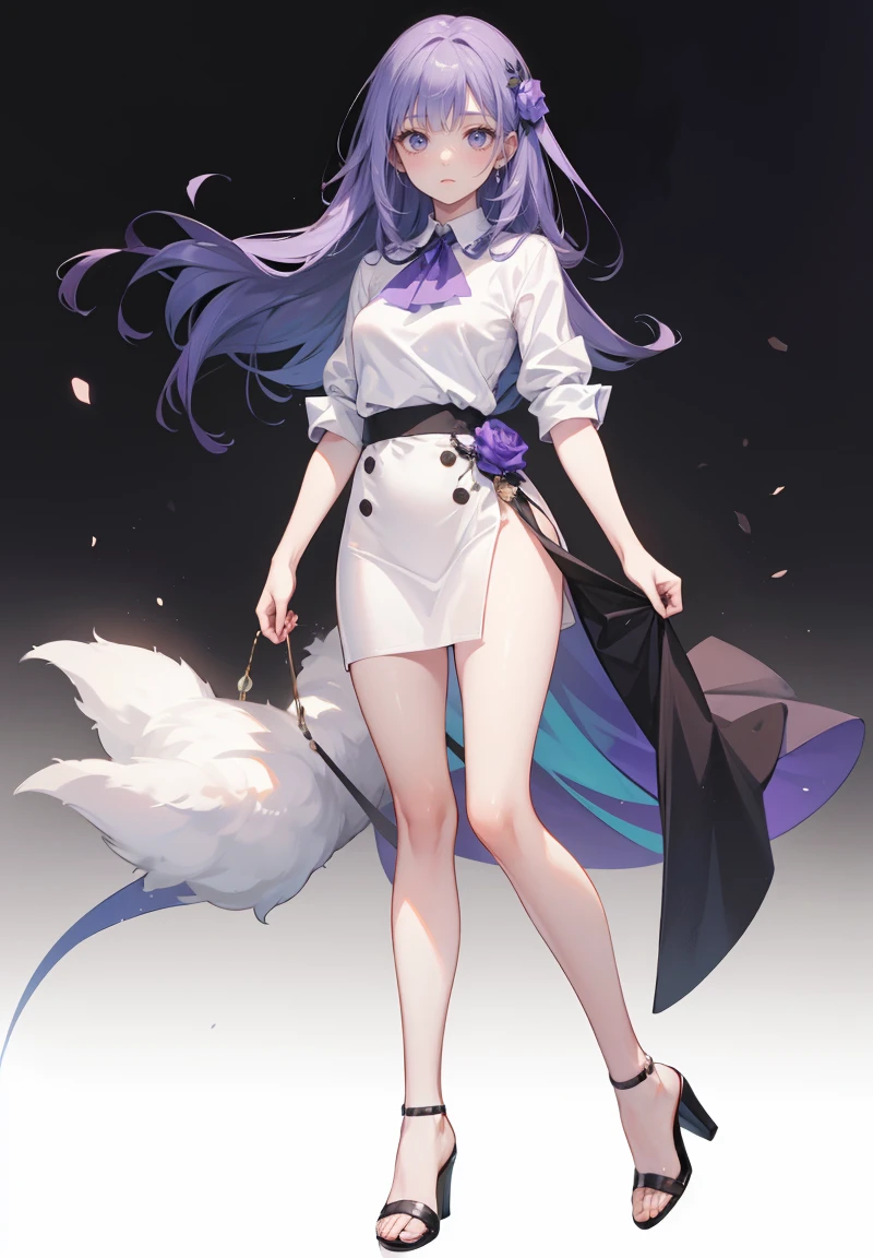 ((Perfect Face)),Purple Hair,long hair,1 female,Roll up your sleeves,Roll up your sleevesＹshirt,High heels,,((Simple white Background)),smile,((Full Body)),((full body)),