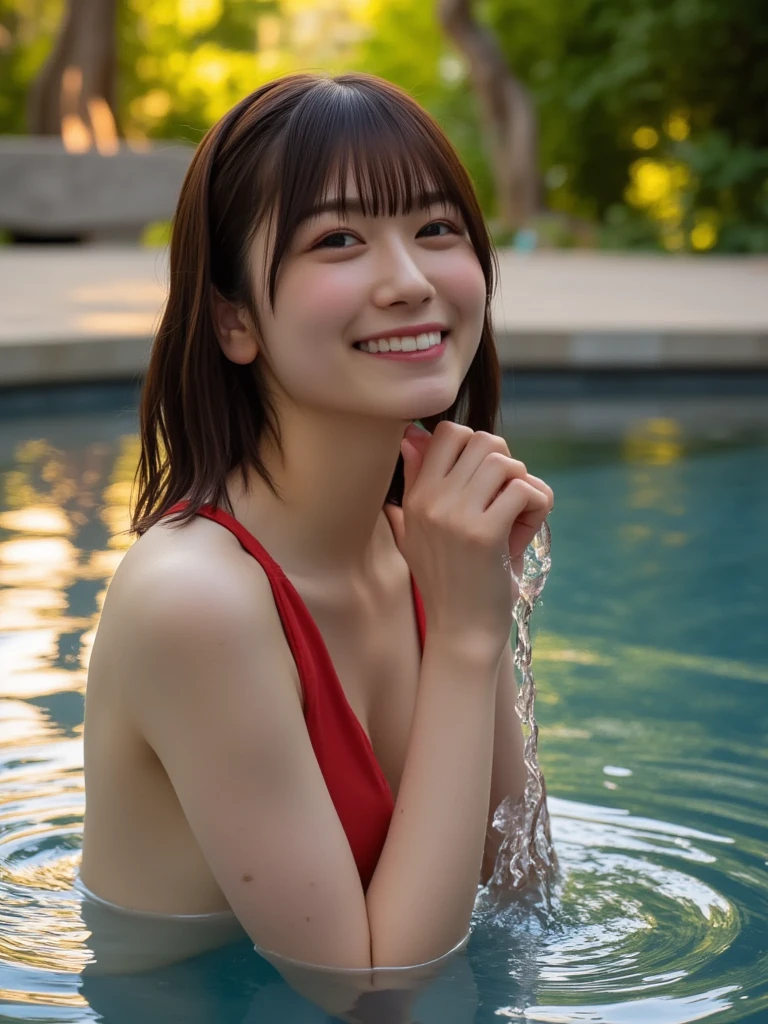 A cinematic close-up of a woman in a swimming pool at sunset, wearing a striking red bikini. Her long black hair cascades over her shoulders, with soft bangs framing her expressive face. She is partially submerged up to her chest, her hands gracefully cupping water as it spills through her fingers, catching the golden light. She gazes at the viewer with a warm, inviting smile, the water around her shimmering with gentle ripples. The background features lush greenery and warm reflections of the setting sun, adding depth and richness to the serene atmosphere.
