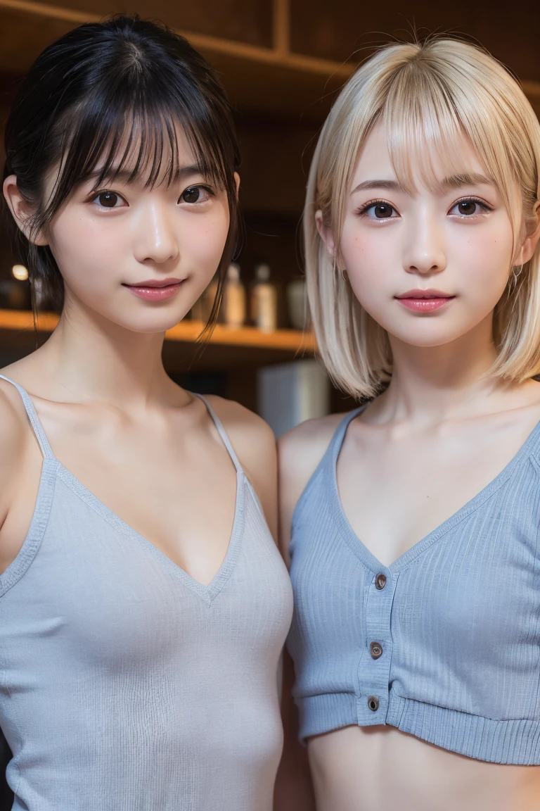 (Highest quality、4K、8k、High resolution、masterpiece:1.2)、Very detailed、(Genuine、Realistic、Realistic:1.3)、Japanese women、blonde、Pixie Cut、smile、topless、large breast、large size shirt、Open shirt、breasts out、Panties