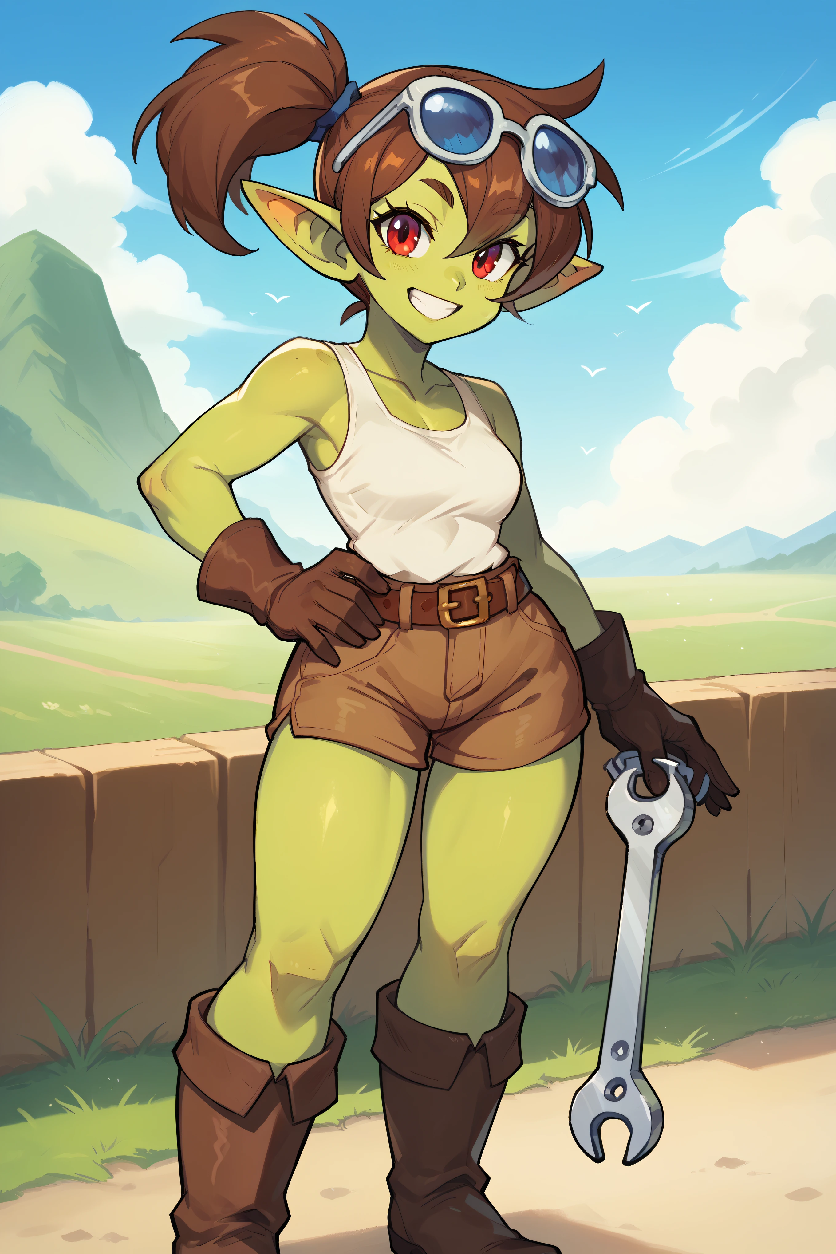 score_9, score_8_up, score_7_up, BREAK, 1girl, solo, femal goblin, green skin, pointyears, hand on own hip, smile, wide hips, red eyes, brown hair, side ponytail, holding weapon, eyewear on head, holding wrench, brown belt, high brown boots, brown gloves, white tank top, white thong, standing, meadow, day 