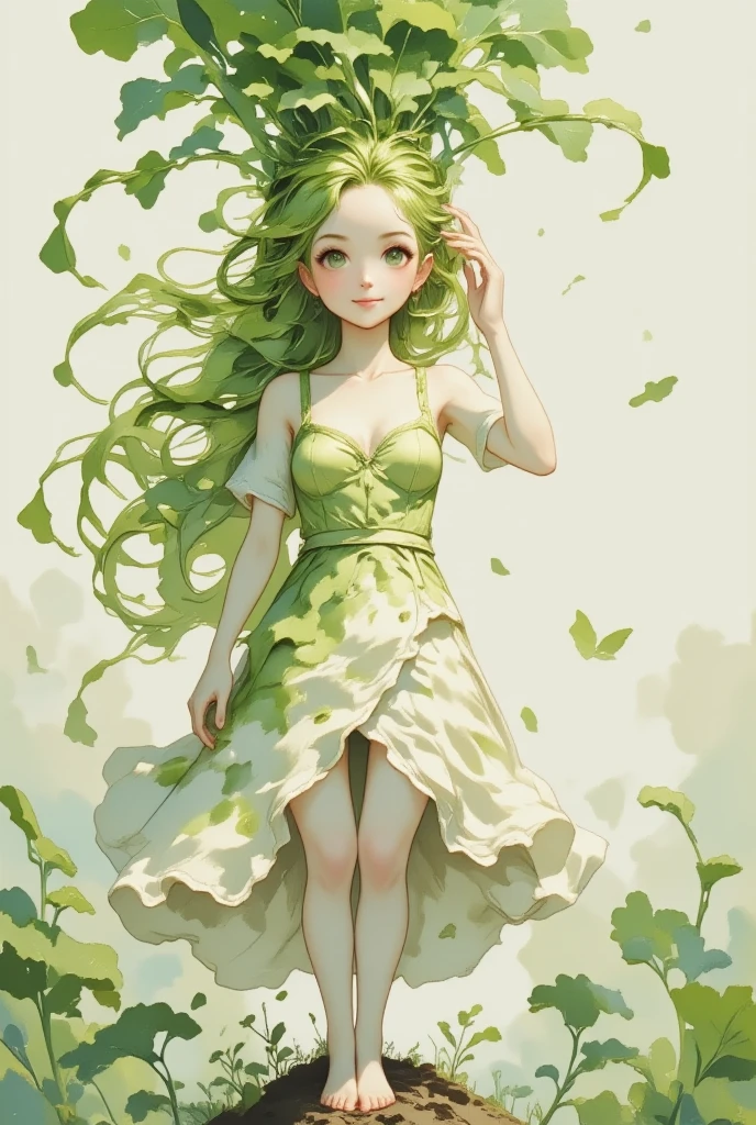 1 daikon lady, solo, Portrait shoot, Upper body, Standing, contrapposto, Green eyes, Green leaves long hair, bangs, pure white skin, wearing green camisole one-piece long dress over white short sleeve T-shirt, smile