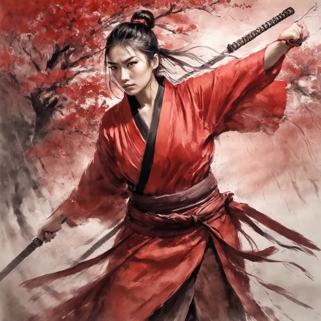  dynamic action photo ,  A beautiful Asian woman ,  she is wearing red samurai armor mixed with a yukata and unarmed , she is tall and serious ,  with red strings like ribbon in her hair in a high ponytail and lines around her eyes, realistic, sharp blade, wielding a katana,  dynamic pose ,   wide hips, long legs,  charismatic,  fake with a forge and molten metal in the background ,  strong wind , 