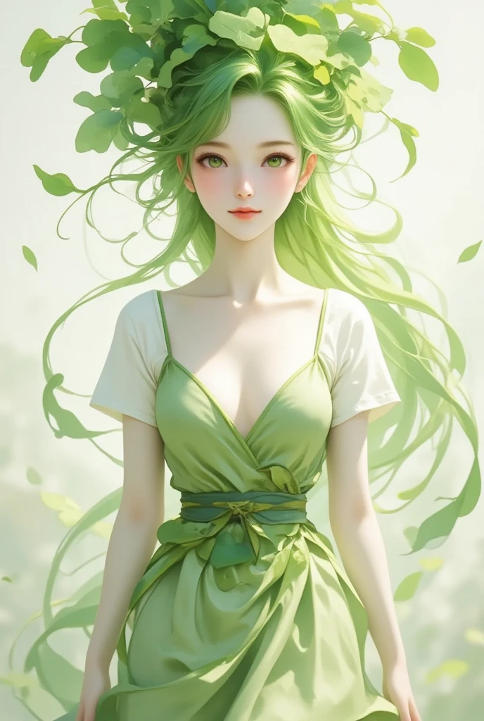 1 daikon lady, solo, Portrait shoot, Upper body, Standing, contrapposto, Green eyes, Green leaves long hair, bangs, pure white skin, wearing green camisole one-piece long dress over white short sleeve T-shirt, smile