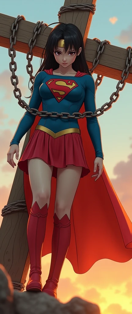 Supergirl,Tied, chained, shackles, You can see her blue bra, torn red skirt, Red boots, sexy red panty. white torn t-shirt, by the wide, burnt red cape, in a dungeon, On knees, looking at the viewer, annoyed. green stones on the floor. hands up, shirt lifted up to see her bra, 