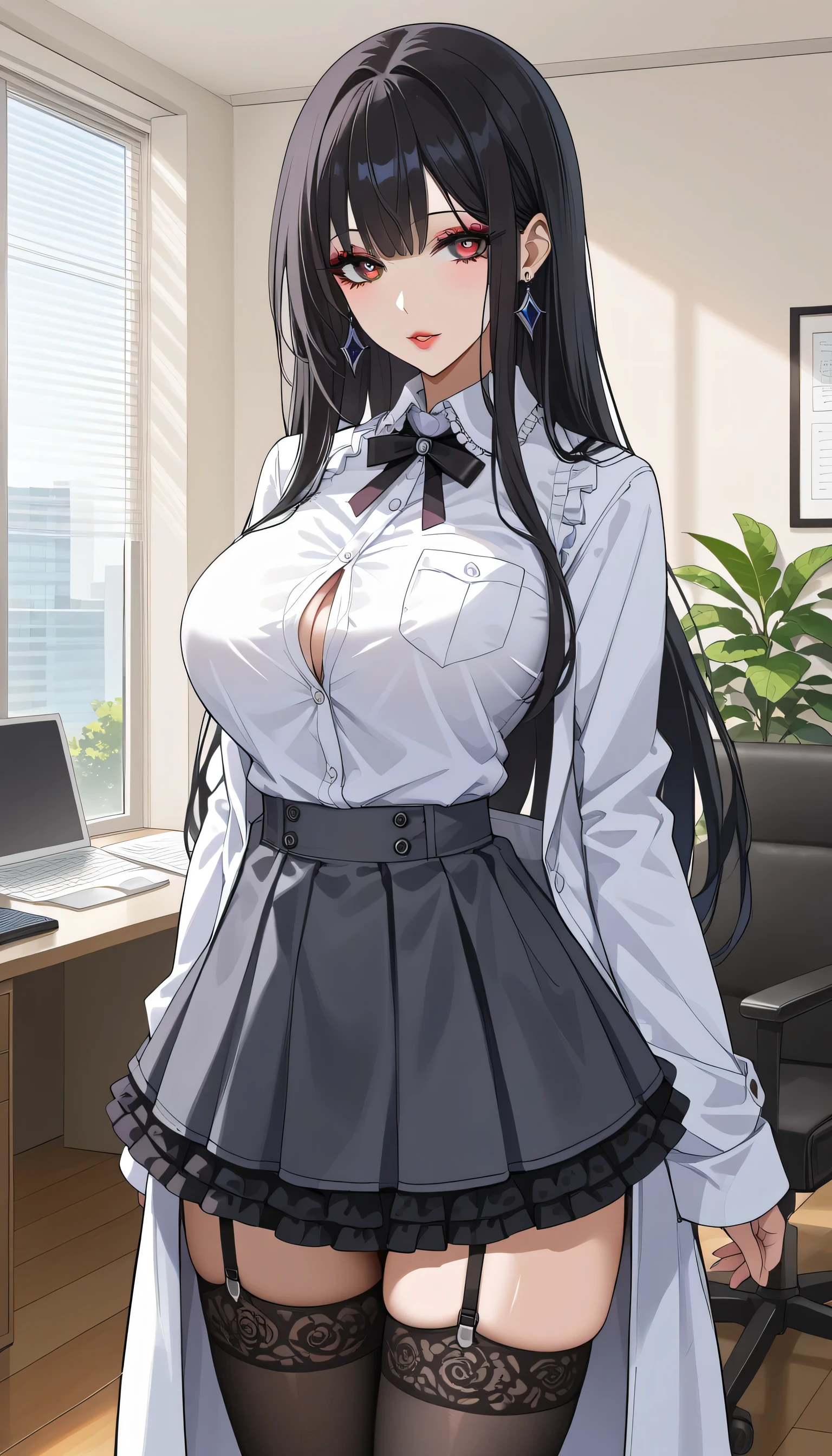 score_9, score_8_up, score_7_up, source_Anime,masterpiece、 office、office、 No Emotion、 no makeup、 best quality, beautifully detailed eyes , Beautiful Detailed Lips、 highly detailed eyes and face,Unmotivated look、Apathetic face、 long breasts, 1 female, Put on a white coat、Grey dress shirt、Gothic ta shirt under a white coat、Grey Gothic Lolihirts 、Black Gothic Lolita S 、 Grey Gothic Lolita Shirtlack Gothic Lolita Skirt 、 MSkirt、 short skirt , Big saggy breasts, shockingly Big Breasts , Big Breasts , room,Big Breasts、 boobs 、 zitales, makeup、 no makeup、 black hair、 Long Hair、Smooth straight hair、 black stockings 、 garter belt 、黒の garter belt