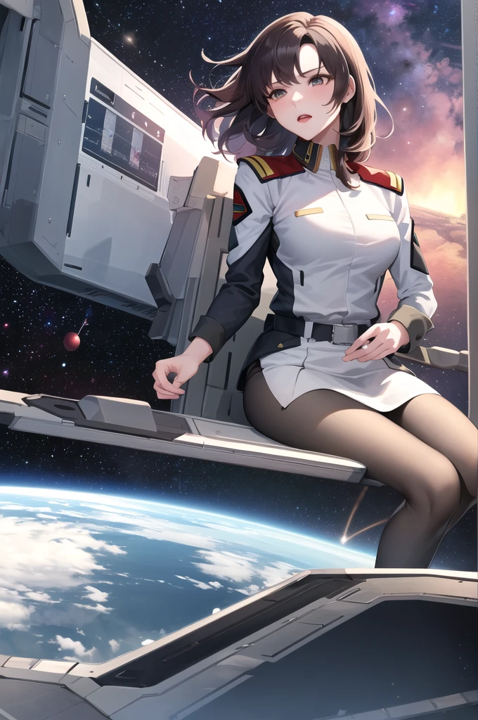 masterpiece, Highest quality, High resolution, Ramius 1, One girl, alone, (black_pantyhose:1.1), army uniform, army, compensate, White shirt,  White Skirt, Tight Skirt, Sitting, Upper Body, cockpit, space, Open your mouth,Fully nude