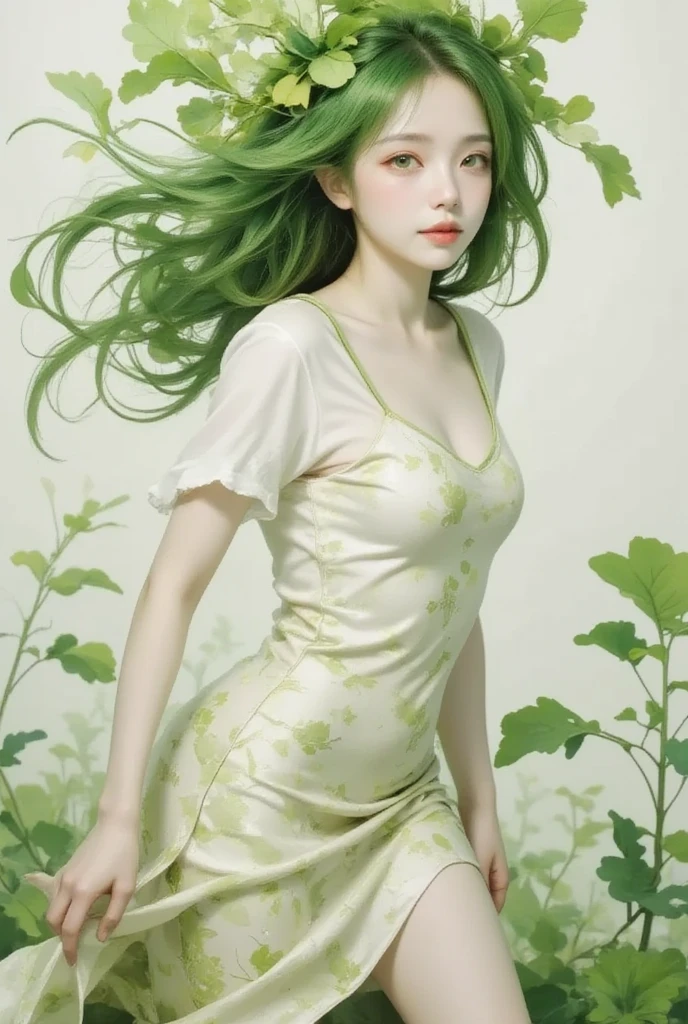 1 daikon lady, solo, Portrait shoot, Upper body, Standing, contrapposto, Green eyes, Green leaves long hair, bangs, pure white skin, wearing green camisole one-piece long dress over white short sleeve T-shirt, smile