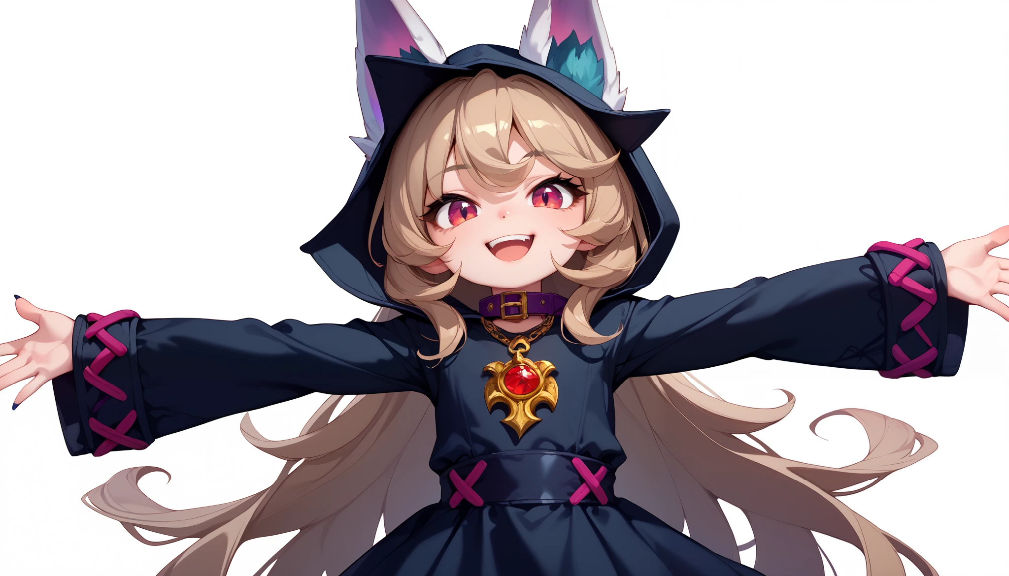 (masterpiece:1.3), (best quality:1.3), (very detailed), (anime style:0.1), game cg, anime coloring,((simple white background)),VexLoLXL,big eyes,yordle,shortstack,red eyes,((light brown hair,bangs,long hair)),shiny_skin,white_skin,white skin,black hood,hood up,ears through headwear,white animal ears,black shirt,purple collar,gold pendant top,long sleeves,black dress,long dress,bare hands,((Alone)), 1girl,smile,((cowboy shot)),joyful and celebratory atmosphere, (( happy expression)),((Spreading arms:1.4))