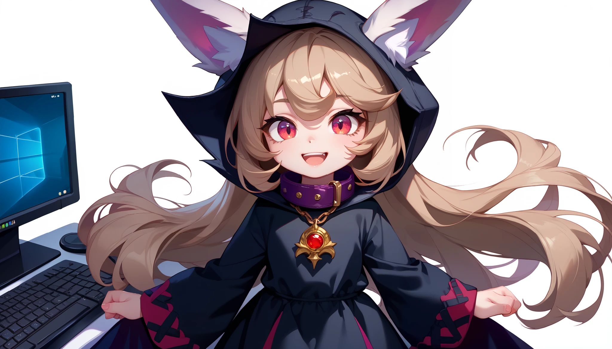 (masterpiece:1.3), (best quality:1.3), (very detailed), (anime style:0.1), game cg, anime coloring,((simple white background)),VexLoLXL,big eyes,yordle,shortstack,red eyes,((light brown hair,bangs,long hair)),shiny_skin,white_skin,white skin,black hood,hood up,ears through headwear,white animal ears,black shirt,purple collar,gold pendant top,long sleeves,black dress,long dress,bare hands,((Alone)), 1girl,smile,((cowboy shot)),joyful and celebratory atmosphere, (( happy expression)),Using a computer,Typing on a keyboard