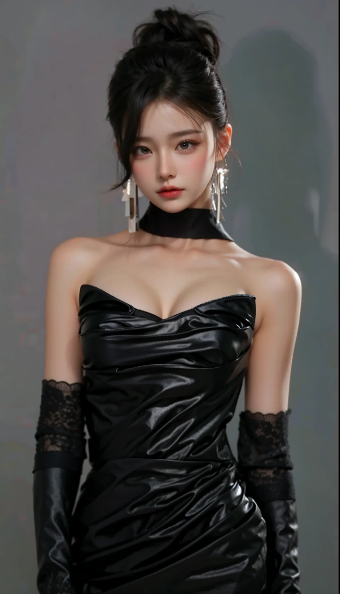 (highy detailed,8K,realisticlying,meticuloso,Real Human)The Dark Temperament Queen exudes a cold charm,She has a face that is hard to ignore。Thick slender black hair draped over his shoulders,Exudes a touch of mystery。Her eyes were deep and sharp,Like stars at night,It reveals an incomprehensible force。Her high nose and slightly raised lips outline the perfect proportions of her face,It gives a feeling of nobility and coldness。Her skin was as fair as snow,It's as if you've never seen the pure color of sunlight,A striking contrast to black hair。She is slim and charming,Like an elegant black swan。She wore a silver-white bandeau dress,The material of the dress sparkles,Cast a mysterious and seductive glow in the darkness。The skirt extends downwards,Gently stroke the curves of her slender legs,Show off her attractive figure。She has an obsidian bracelet embedded in her wrist,Exudes mysterious energy。Every time she moves,The obsidian on the bracelet will emit a dark and dazzling light,It was as if connected to her soul。She wears a pair of high-heeled black leather boots,The exquisite design expresses her unique taste。Every step she took,It was as if the whole world was trembling for it,Her aura seemed capable of tearing through the darkness,Blaze a trail for her to be alone。The Black Queen became the focus of attention with her highly detailed appearance,Every detail exudes a charm that cannot be ignored。Her icy exterior hides endless power,Let people have inexplicable awe and yearning for her。