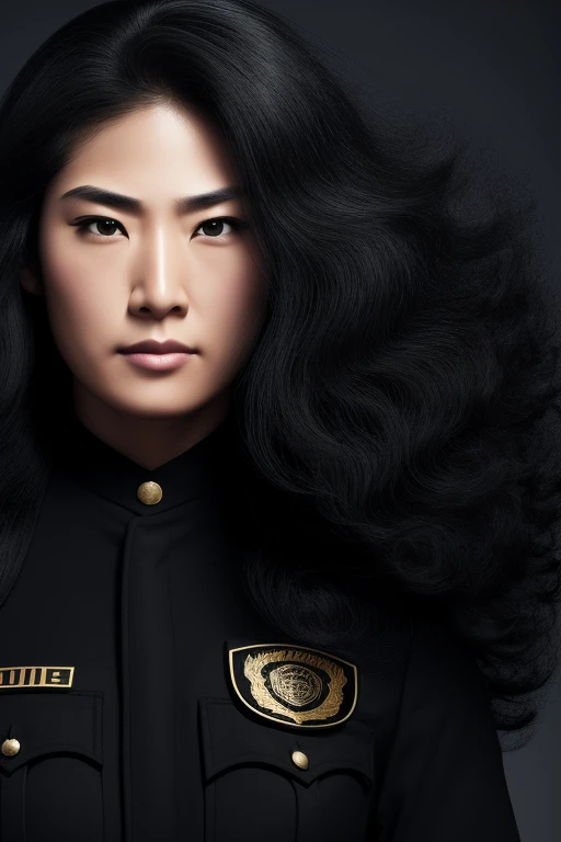 jet black hair,most very long hair,most very lion hair,most very wolf hair,most very frizzy hair,coarse hair,most very spread hairstyle,thick hair,fluffy hair,most very heavy weight hair,hair covering left eye,heavy looking hairstyle,most very voluminous hair,shiny jet black hair,female jail officer,black uniform,a heavy-looking uniform,black pants,tall woman,1 Japanese woman,woman's height 2.2m,most very strong face,most very angry face,black eyes,very close-up to face,most very muscle body,most very beautiful face,show more hair,high resolution,white background