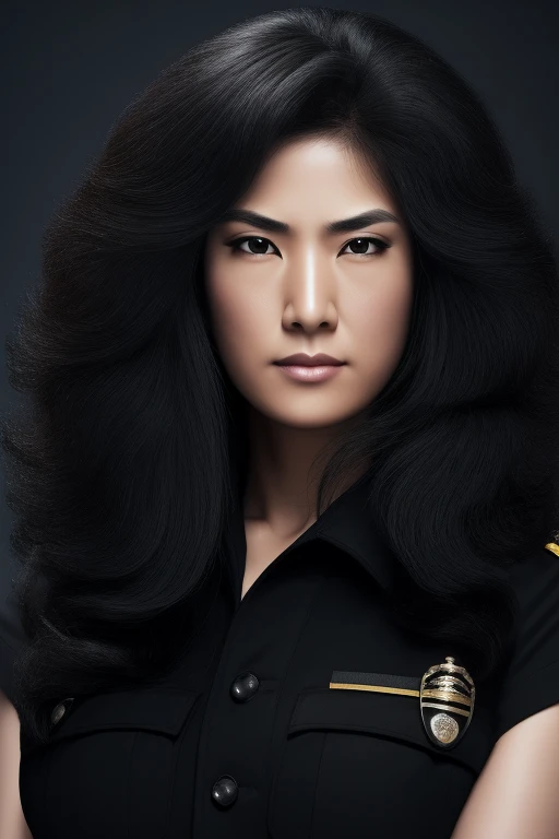 jet black hair,most very long hair,most very lion hair,most very wolf hair,most very frizzy hair,coarse hair,most very spread hairstyle,thick hair,fluffy hair,most very heavy weight hair,hair covering left eye,heavy looking hairstyle,most very voluminous hair,shiny jet black hair,female jail officer,black uniform,a heavy-looking uniform,black pants,tall woman,1 Japanese woman,woman's height 2.2m,most very strong face,most very angry face,black eyes,very close-up to face,most very muscle body,most very beautiful face,show more hair,high resolution,white background