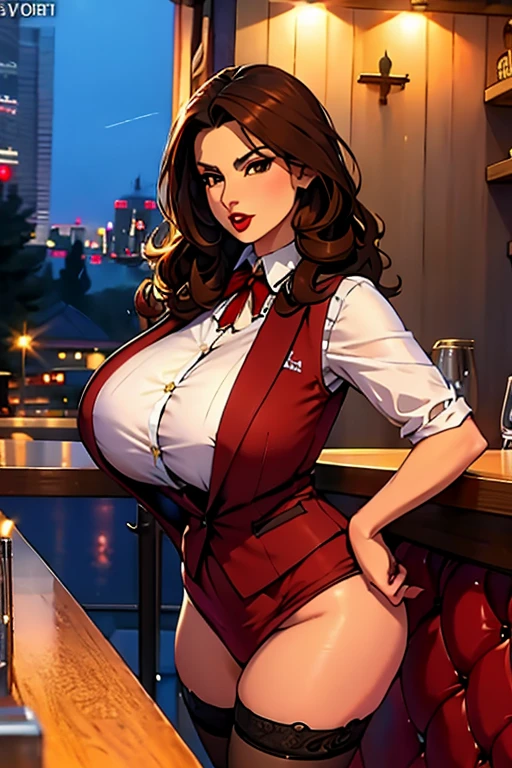 The woman, shirt, shirt, shirt con vest, shirt with velt, vest, vest, pants, heels, heels altos, club, Hostess, japenese Hostess club,  very detailed,  Realistic long-term photography, 4k, broad,long hair,  long hair, Brown hair, For the chestnut, brown hair.  red lips, sexy, red lips,  brown eyes , brown eyes, Big breast, breasts,  big breasts , breasts, Waitress, Waitress, in the bar, behind the bar,  at night, night, at night, stockings, socks, Black stockings, socks negras, Lucia Auditore))) 